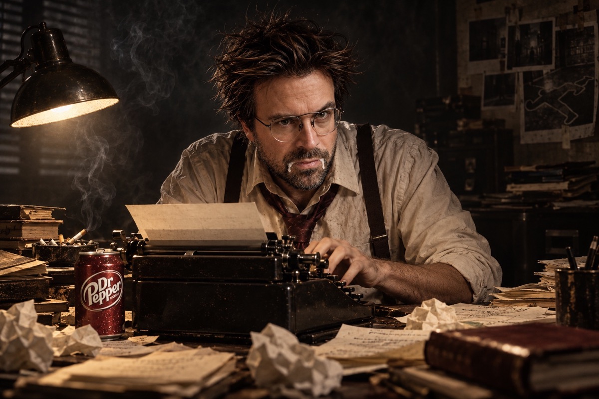 Peter Mangiaracina typing furiously at a typewriter beside a Dr Pepper can