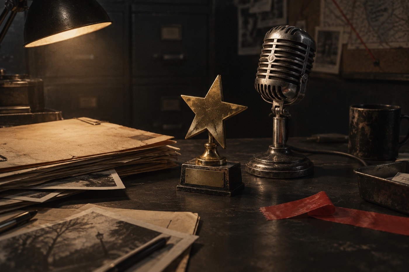 A tarnished star trophy and vintage microphone on a noir evidence-room desk